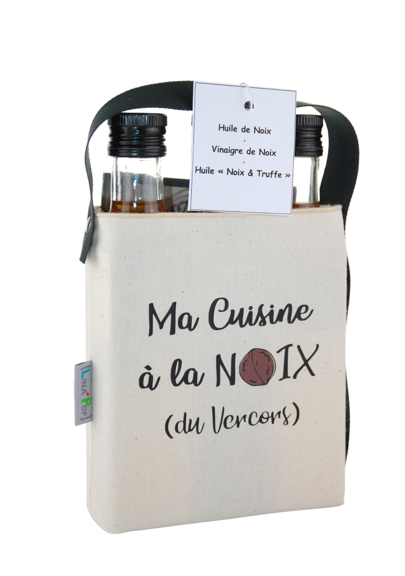 Présentation idée Cadeau bag "Ma cuisine à la noix" avec Vinaigre de Noix bio du Vercors, Huile de Noix du Vercors et Huile de Truffe