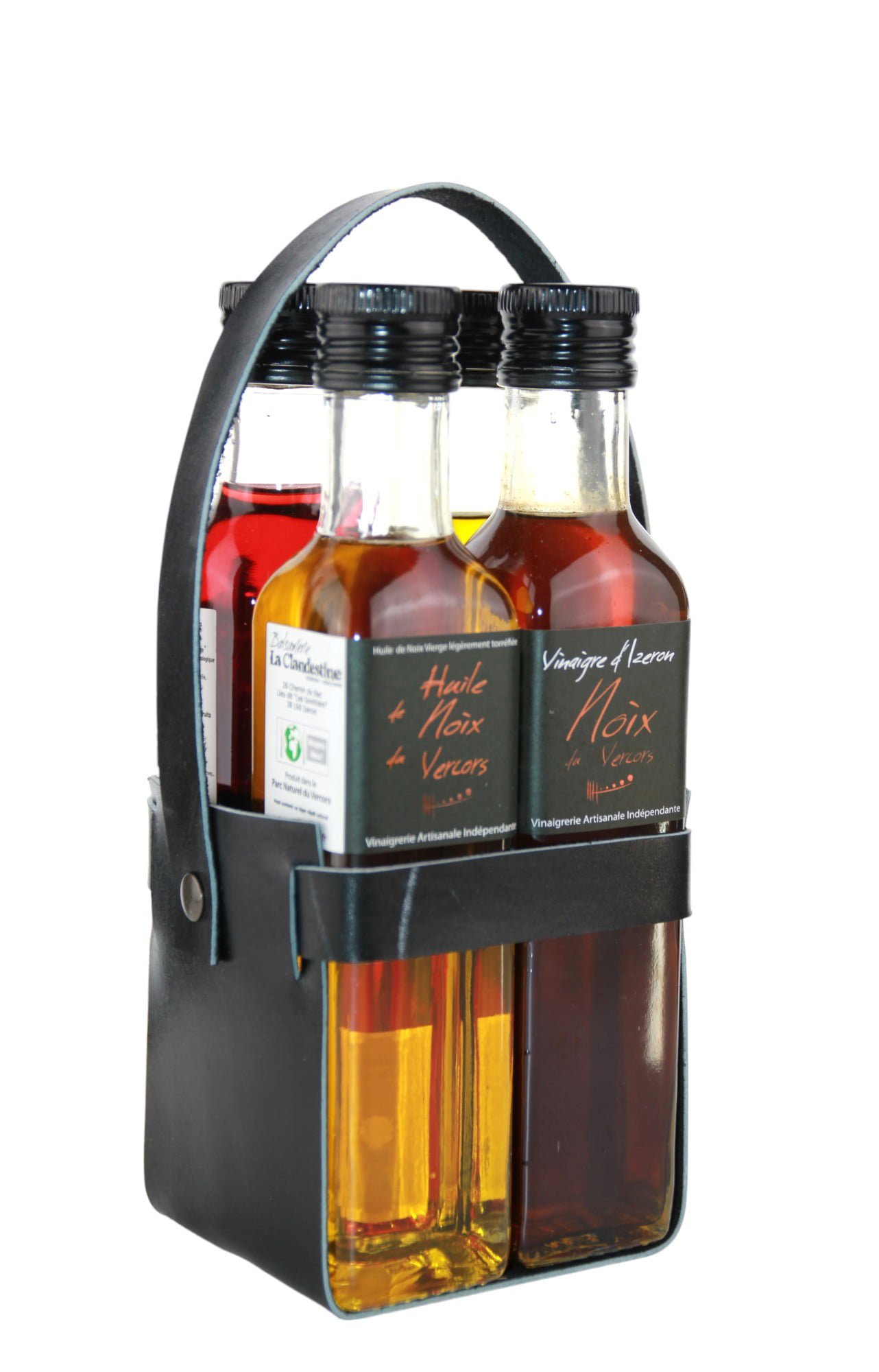 Présentation idée Cadeau Panier Cuir quatre bouteilles Huile de Noix du Vercors, Huile d'Olives "Ail & Basilic", Vinaigre de Framboises du Vercors et Vinaigre de Noix bio du Vercors